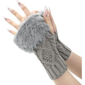 Women's Gray Faux Fur Crochet Fingerless Knitted Stretchy Wrist Warmers Gloves